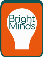 Logo von Bright Minds, orangenes Rechteck hochkant mit einer weißen Glühbirne und dem Bright Minds Schriftzug